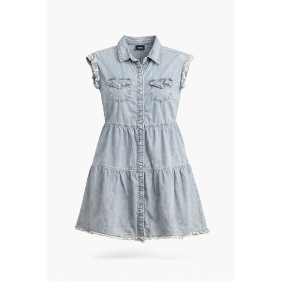 Vici Dresses & Skirts - VICI Womens Chambray Denim Mini Dress Pearl Snap Front Ruffle Tiered Sz S